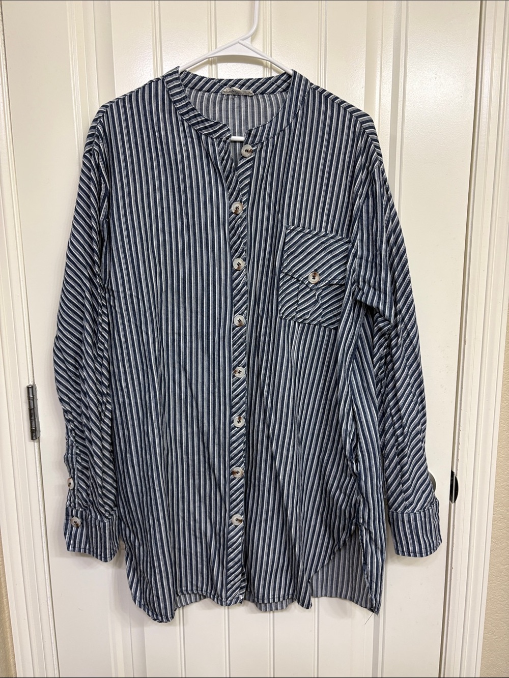 Saint Geraldine Women's Navy and White Striped Button-Down Tunic Shirt Dress